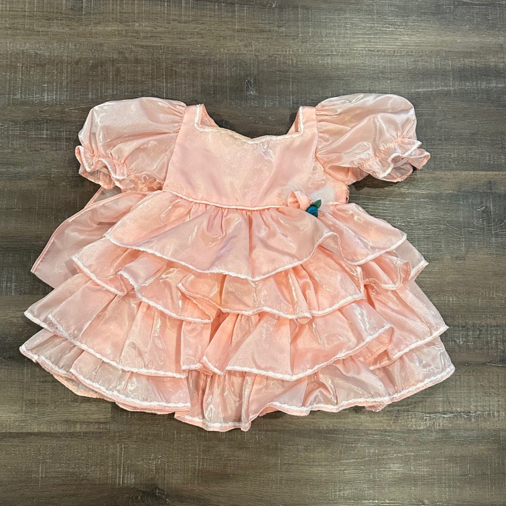 Vintage Peach Pink Iridescent Organza Tiered Ruffle Pageant Dress Kids Sash Back
